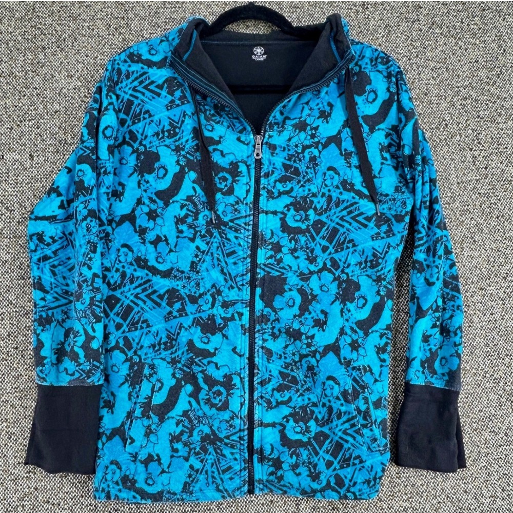 Gaiam Full Zip Hoodie Womens Large Teal Black Floral Geometric Activewear